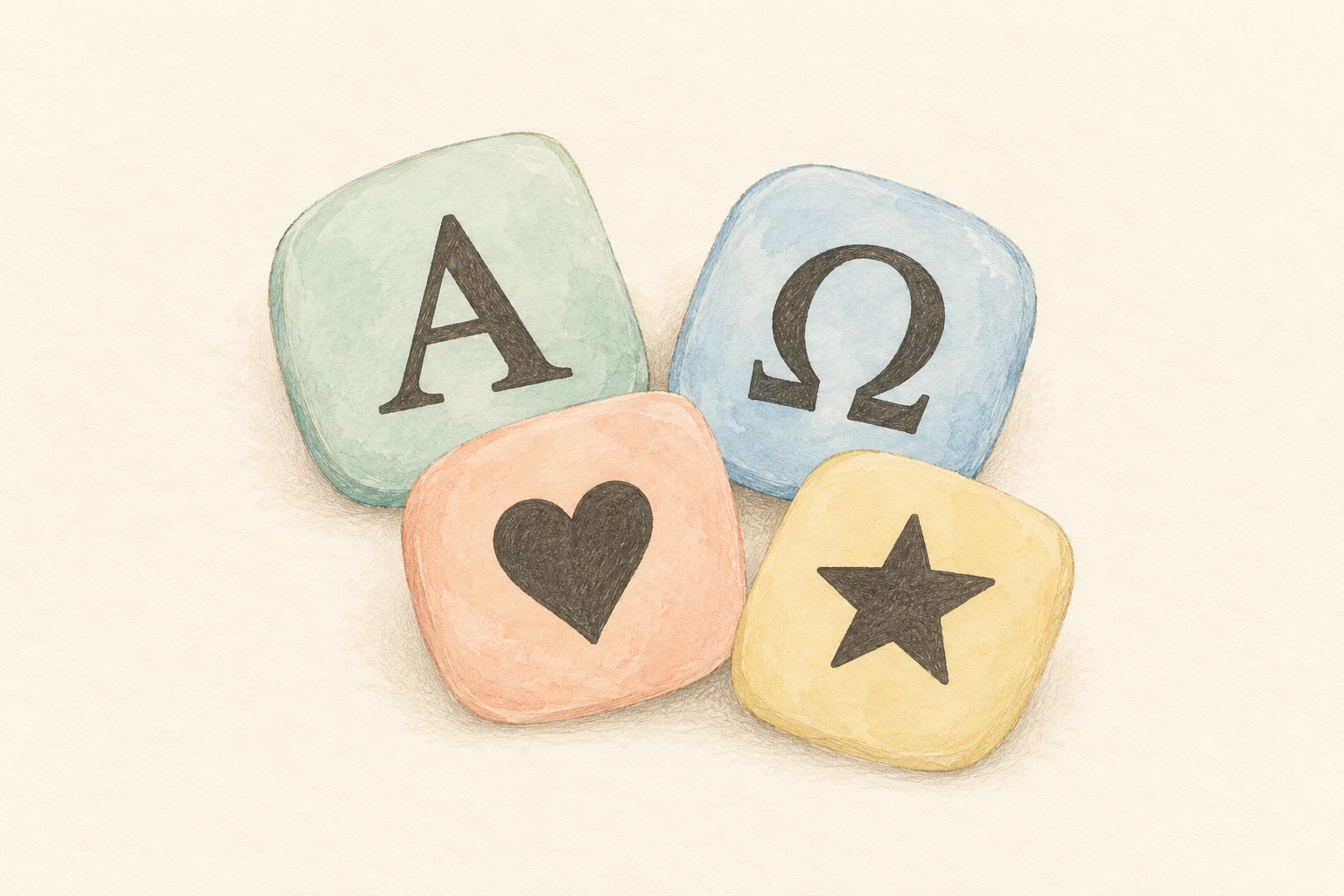 Four rounded pastel tiles displaying A, Greek omega, a heart, and a star on ivory paper.