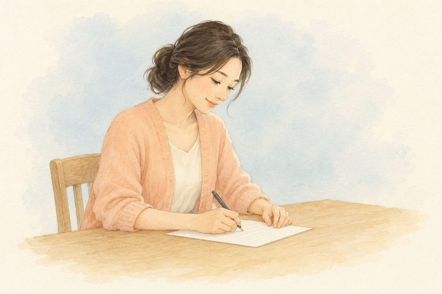 A woman in a peach cardigan writes with a pen on paper at a wooden desk, against a soft pastel-blue wash.