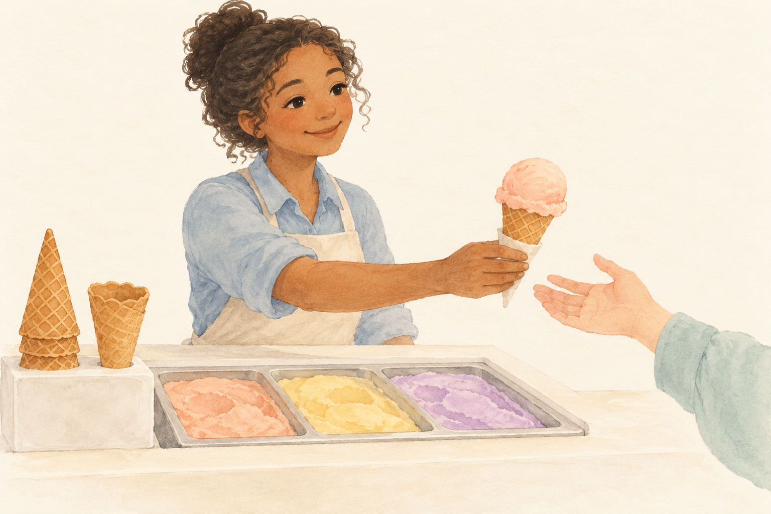 An ice-cream seller hands a customer a peach-coloured scoop in a cone, with three ice-cream flavours and two cone styles on the counter.