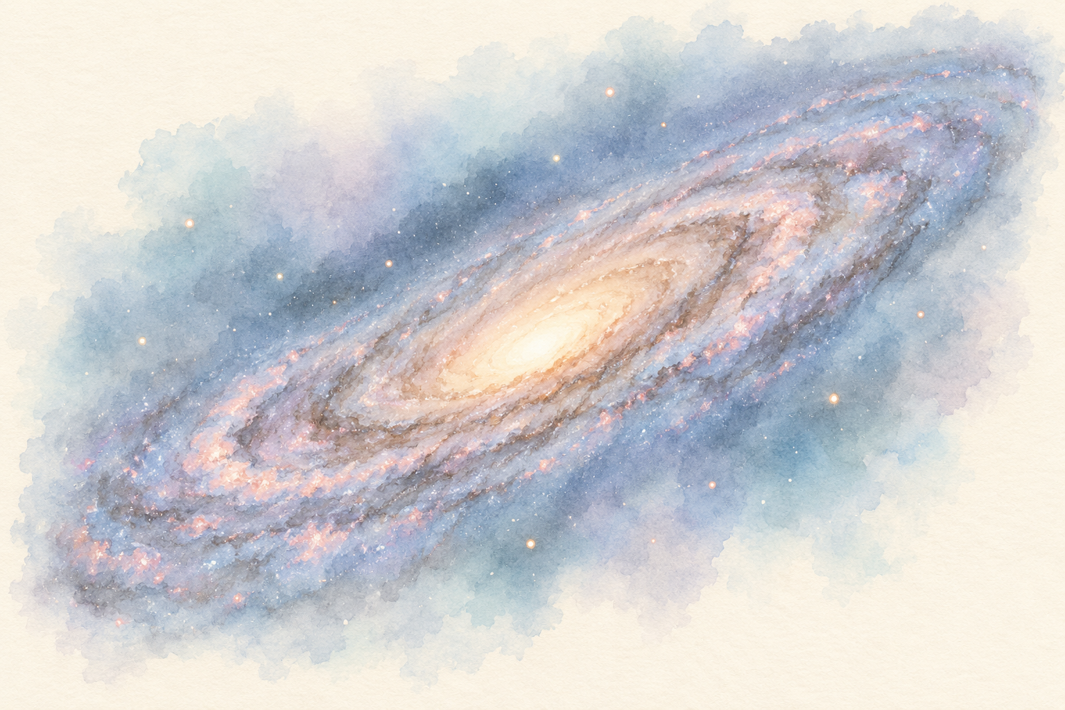 Pastel illustration of Andromeda, with a glowing golden centre, tilted spiral arms, and blue-grey dust lanes.