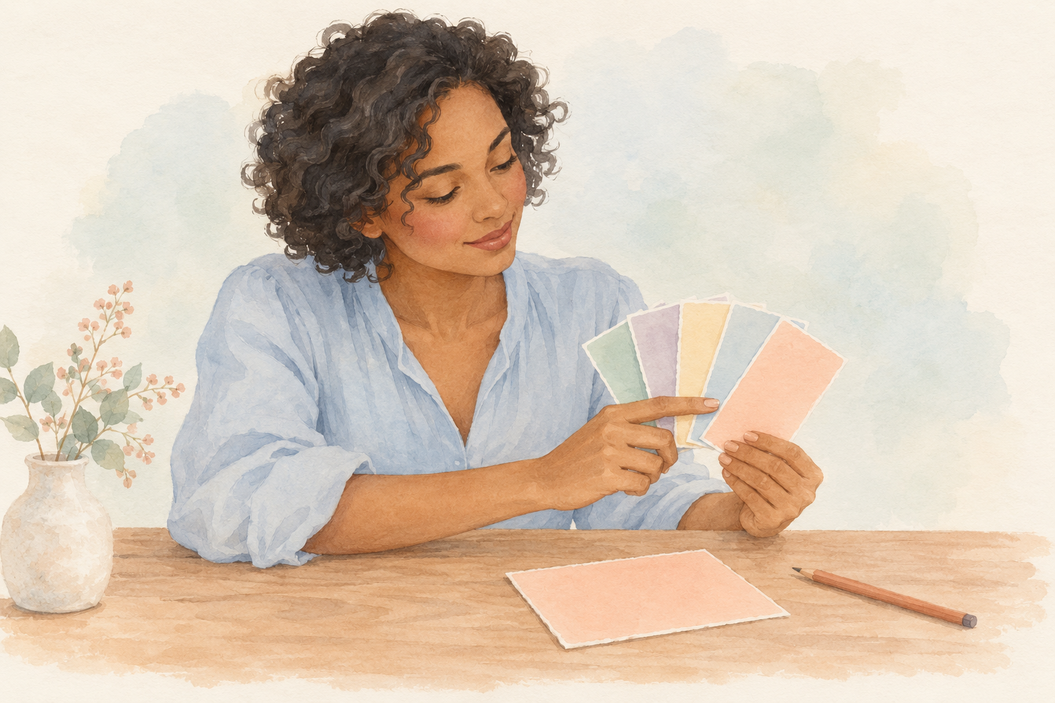 A woman examines pastel colour swatches beside a peach postcard on a wooden desk.