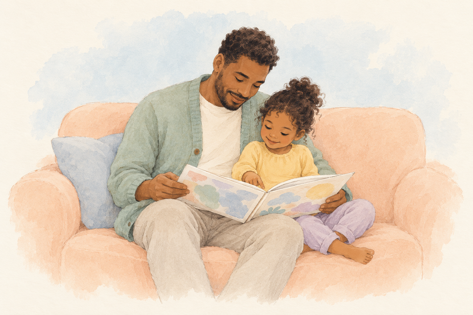 A father and child read a picture book together on a peach sofa.