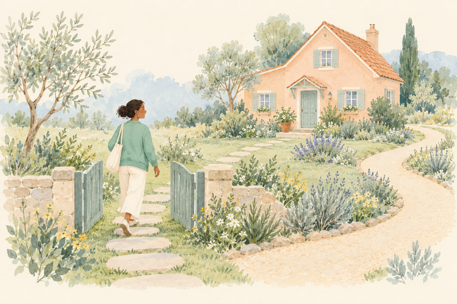 A woman in a green cardigan walks through a garden gate toward a peach cottage, taking stepping stones beside a longer winding path.