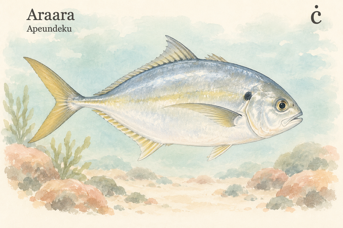 Araara ċ — Apeundeku. A silver-blue white trevally swims to the right above pastel rocks.