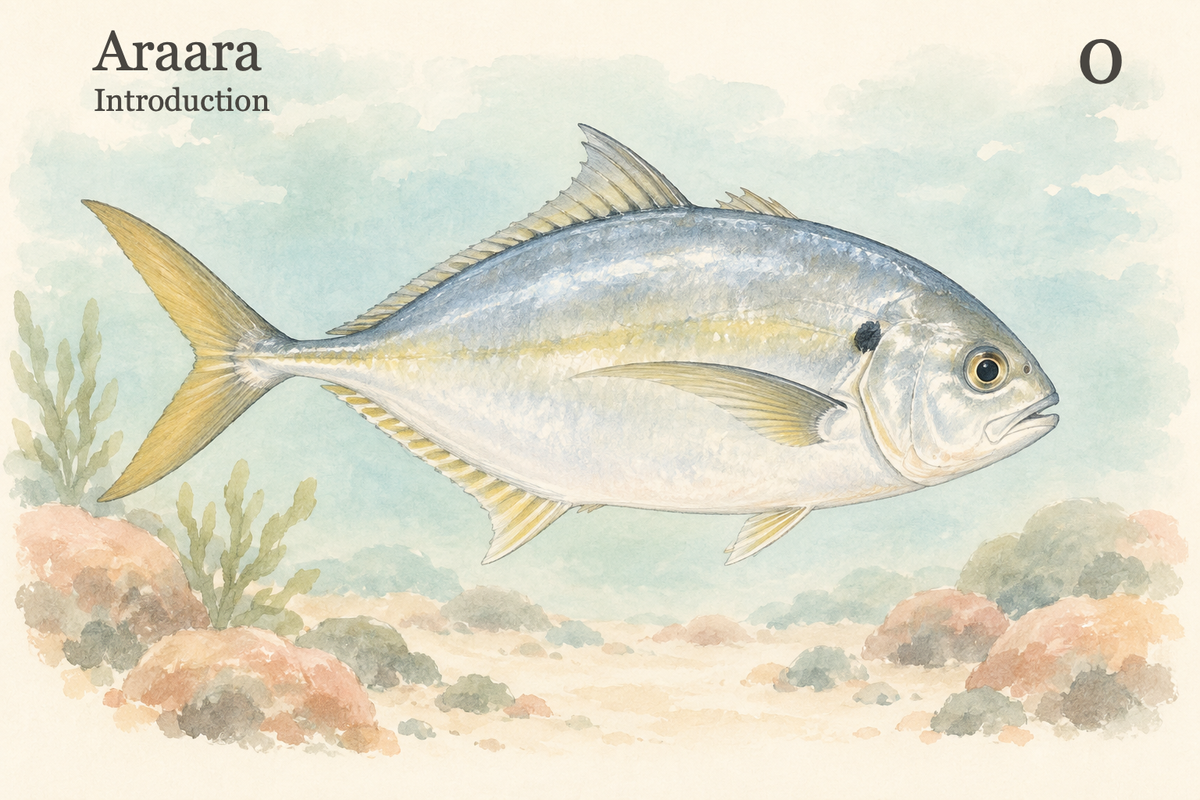 Araara o — Introduction. A silver-blue white trevally swims to the right above pastel rocks.