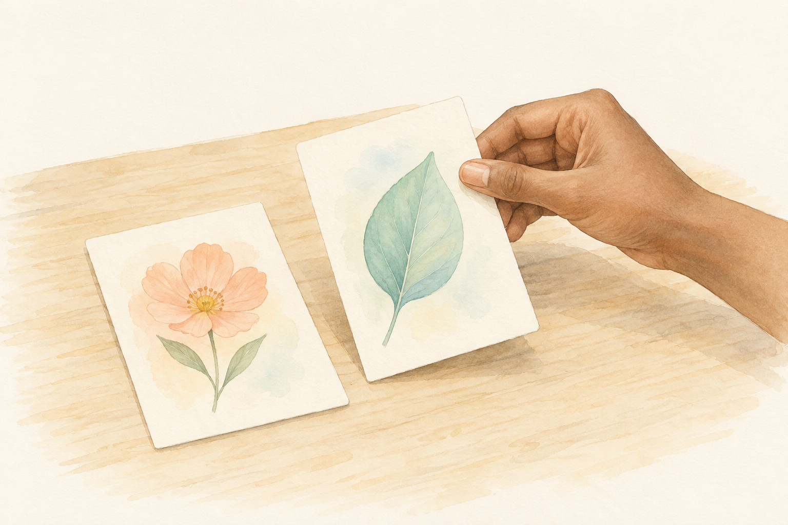 Pastel illustration of a hand lifting a postcard with a green leaf beside a second postcard showing a peach flower on a wooden table.