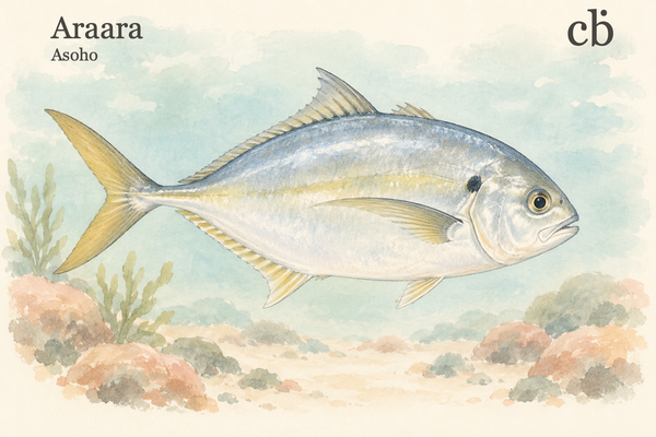 Araara cḃ — Asoho. A silver-blue white trevally swims to the right above pastel rocks.