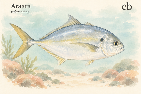 Araara cb — referencing. A silver-blue white trevally swims to the right above pastel rocks.