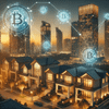 Blockchain network overlaying modern real estate properties, representing tokenized ownership