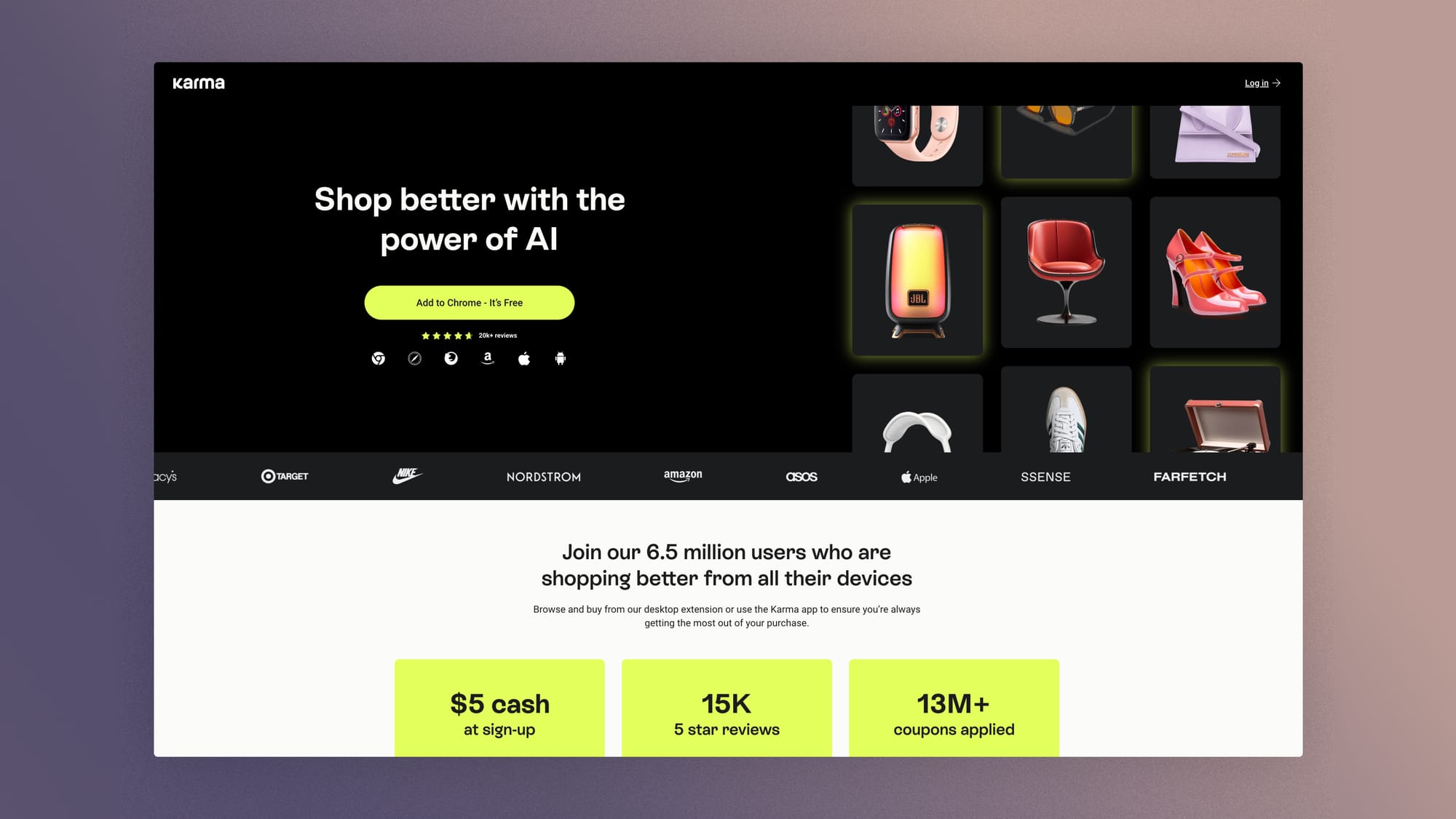 Interface de Karma : liste de produits sauvegardés avec alertes de prix et de stock