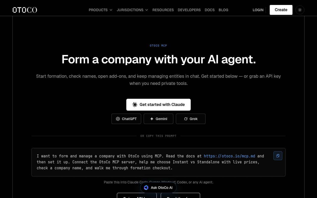OtoCo Developers page — form a company with your AI agent