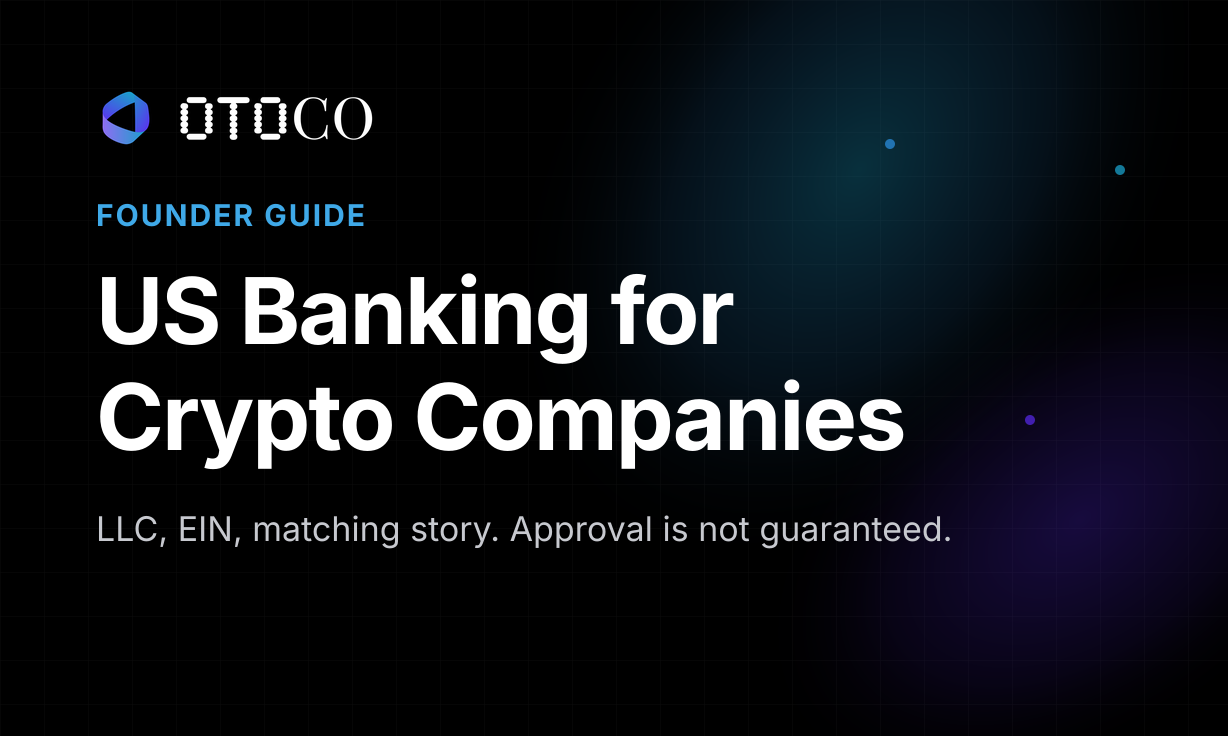 OtoCo founder guide cover: US Banking for Crypto Companies.