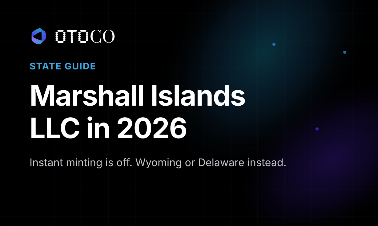 OtoCo state guide cover: Marshall Islands LLC in 2026.