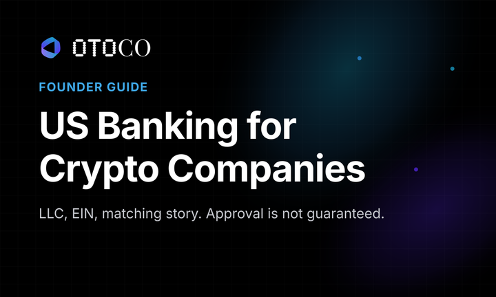 OtoCo founder guide cover: US Banking for Crypto Companies.