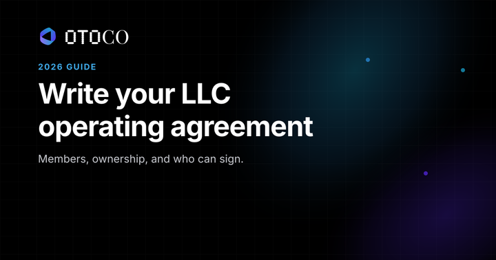 OtoCo 2026 guide cover: Write your LLC operating agreement