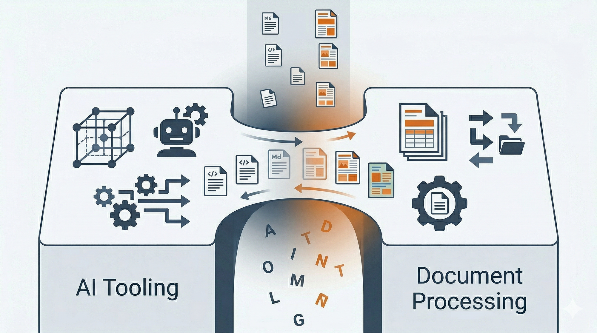 A completed bridge connecting AI tooling and document formatting platforms. Documents flow across in both directions without loss.