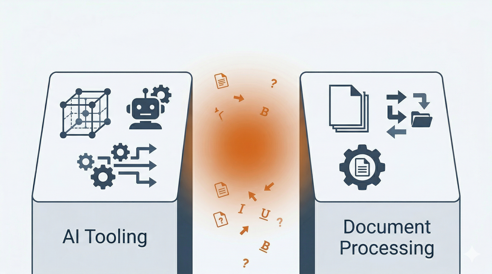 Two solid platforms representing AI tooling and document processing with a highlighted gap between them. The gap is labeled as the opportunity.