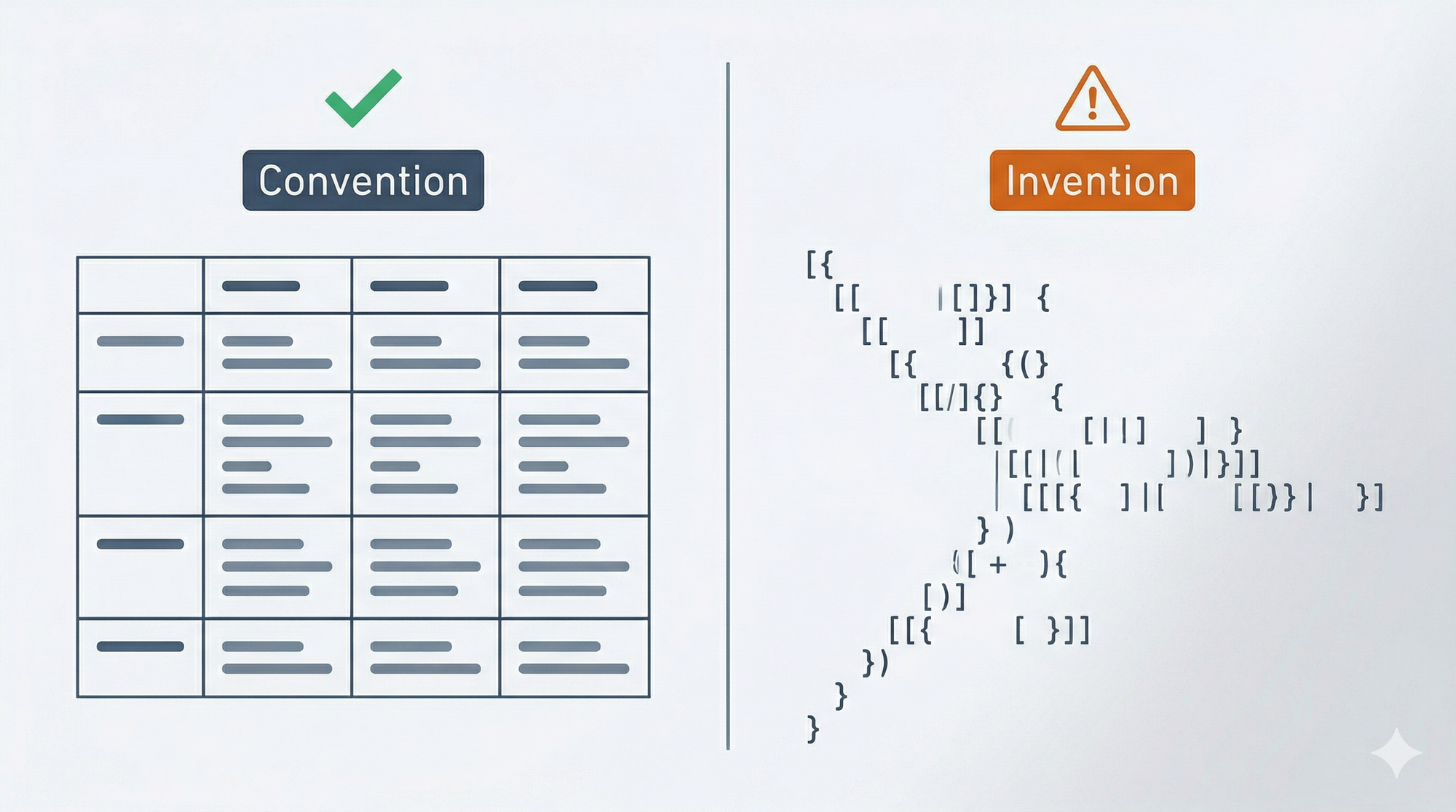 Split comparison: a familiar GFM pipe table on the left labeled "zero adoption cost" versus an unfamiliar custom syntax on the right labeled "training required."