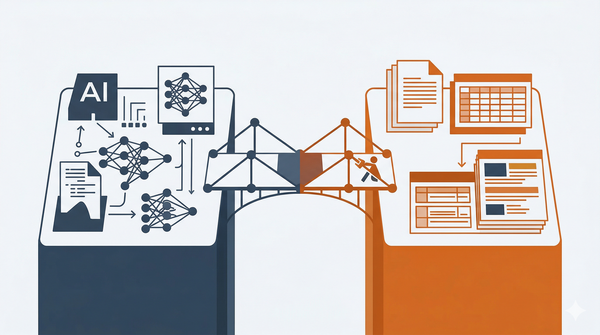 Two distinct platforms connected by a bridge under construction. One side represents AI tooling, the other document formatting. Flat technical illustration.