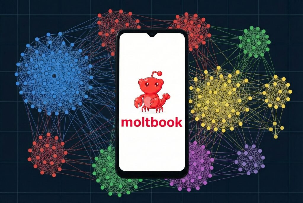   A technical diagram showing the interaction flow between OpenClaw AI agents on the Moltbook platform.