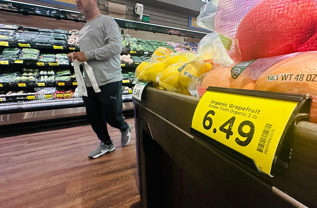 Fresh produce and food price tags in an American supermarket in 2026