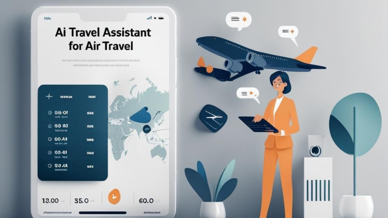 A traveler using a smartphone with an AI travel app interface that displays flight options, hotel bookings, and a dynamic city itinerary.