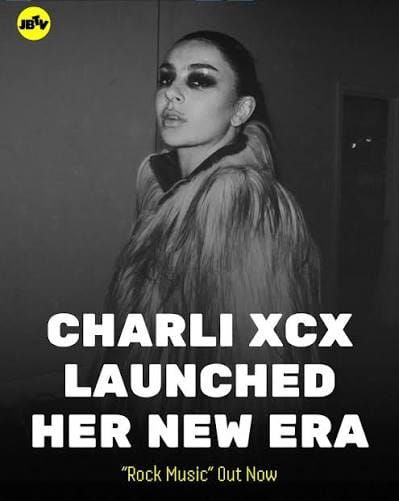A vibrant, glitch-effect video frame featuring a high-energy performance, reflecting the aesthetic of Charli xcx's "Rock Music" trend.