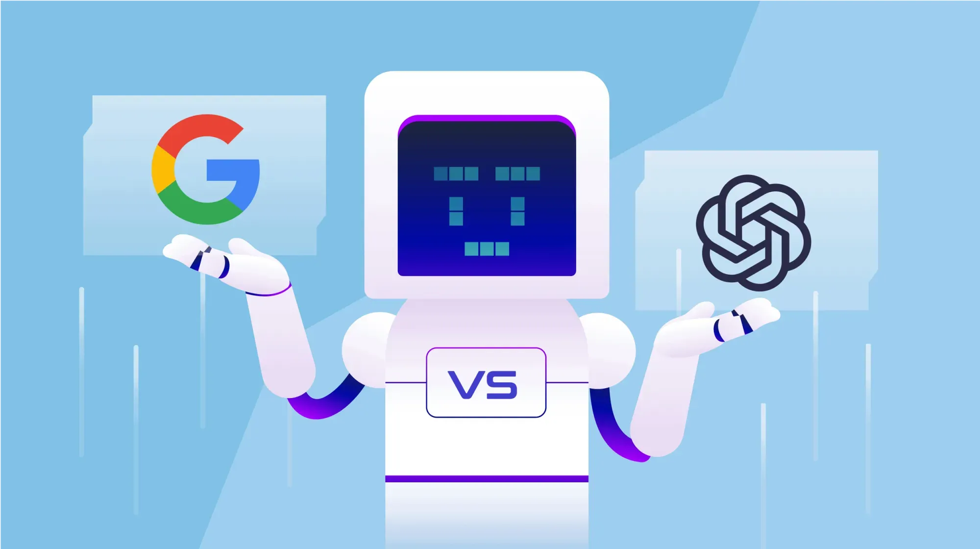 A split-screen visual comparing the branding and user interface of Google Gemini and OpenAI ChatGPT, highlighting their key strengths in a 2026 tech context.