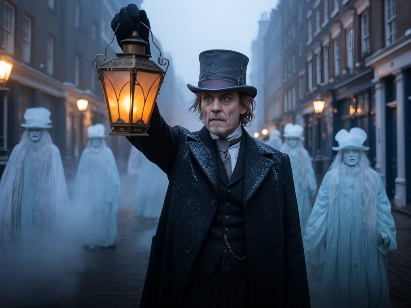 Johnny Depp as Ebenezer Scrooge in the upcoming 2026 film Ebenezer: A Christmas Carol.