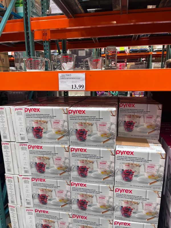 Costco Pyrex measuring cup set with 1-cup, 2-cup, and 4-cup glass measuring cups on display for $19.99.
