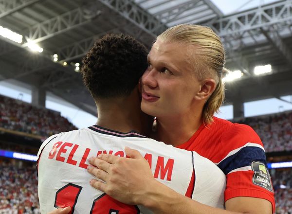 Erling Haaland and Jude Bellingham hug after England vs Norway World Cup quarterfinal