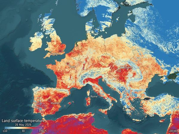 A map of Europe showing extreme heat temperature zones, highlighting urban centers across the continent experiencing record-breaking summer temperatures in 2026.