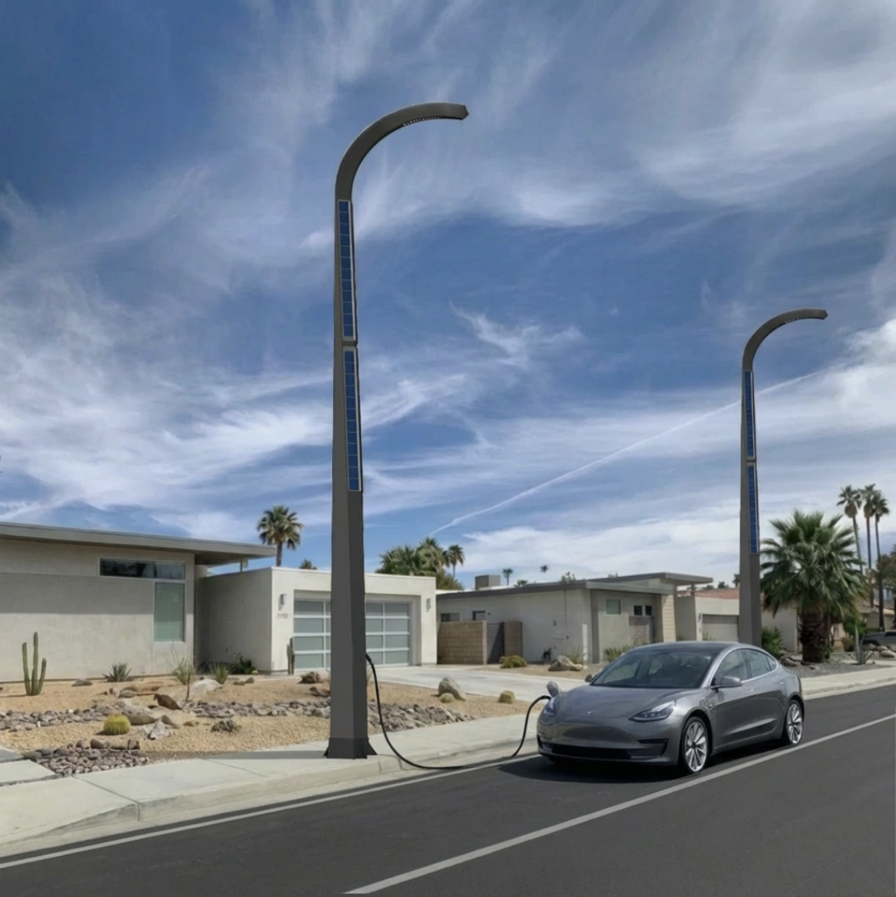AI image of California/desert type neighborhood with modern one-story, earth tone houses, on a street that has tall, curved at the top streetlight poles in dark grey composite with embedded solar panels, and you see a charging cord between one of the 2 visible lights and a grey Tesla. Skies are blue and sunny, with palm trees in the background landscape.