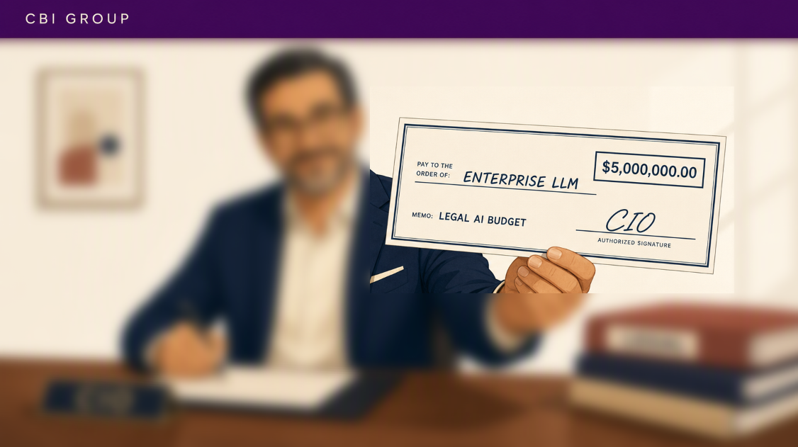 Business executive at a desk holding an oversized check made out to “ENTERPRISE LLM” for $5,000,000, memo “LEGAL AI BUDGET,” signed by “CIO,” with a “CBI GROUP” header.