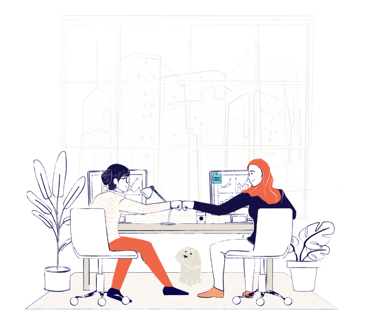 Illustration of two coworkers sitting at a desk fist bumping. There is a cute dog under the desk.