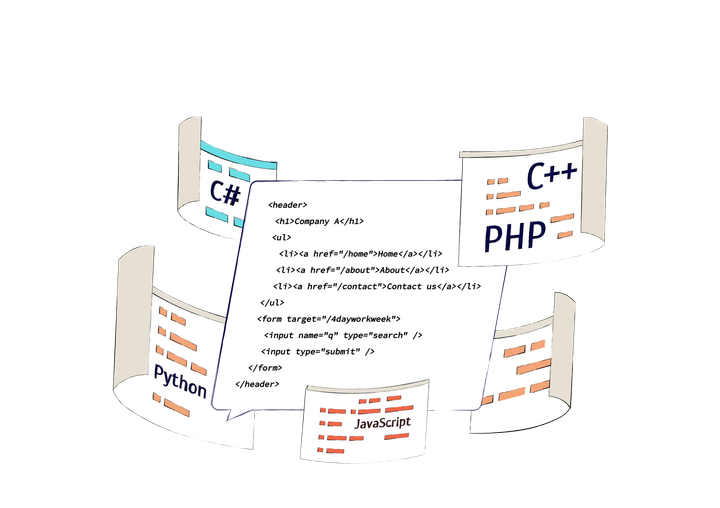 Illustration of speech bubbles and computer windows with generic code in them