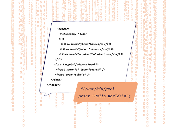 Matrix style binary numbers cascade down a screen, with a speech bubble on top that contains a snippet of code