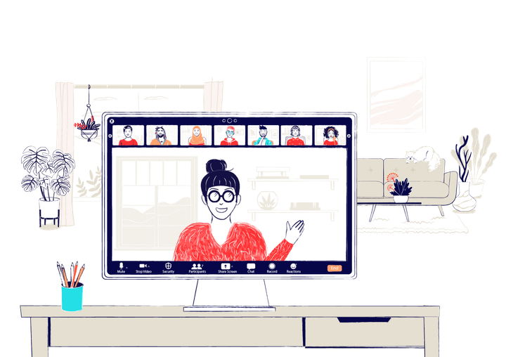 A computer screen showing a virtual meeting with 8 participants. The background is a home office.