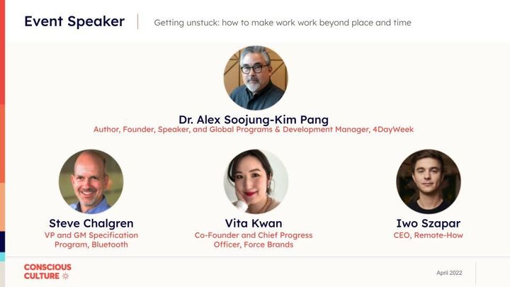 Opening slide of the panel, with photos of the panelists with their names and job titles below