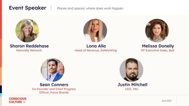 Intro slide to the panel featuring photos of the speakers along with their names and job titles