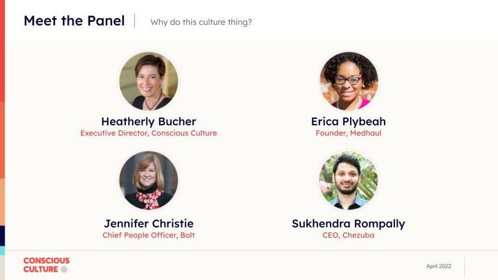 Intro slide to the panel featuring pictures of the panelists with their names and their job titles