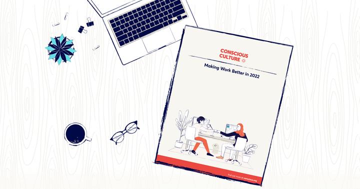 Overhead picture of a desk showing the Making Work Better report, a laptop, a coffee, and a pair of glasses.