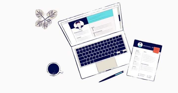 A laptop is open on a desk with a resume on the screen. On the desk there is another resume, a mug of coffee, and a plant.