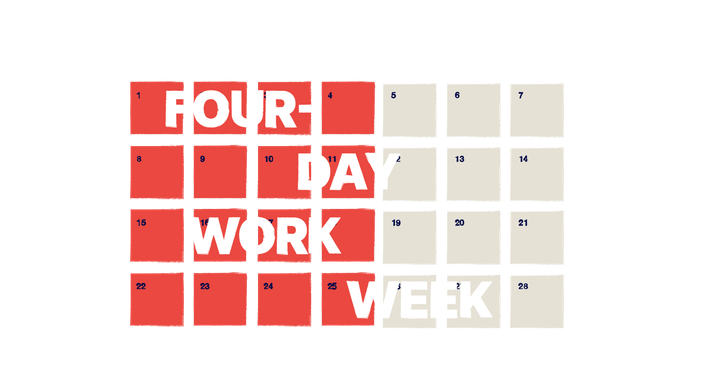 An illustrated calendar with the days Monday to Thursday highlighted. The calendar has the text 'four day workweek' on it.