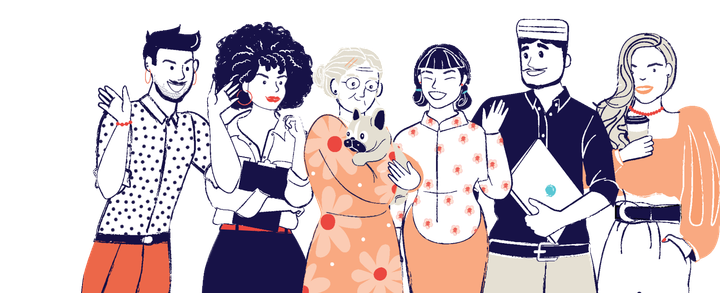 A group shot of six people of various genders, ages, and races plus one dog looking happy. They are work colleagues. 