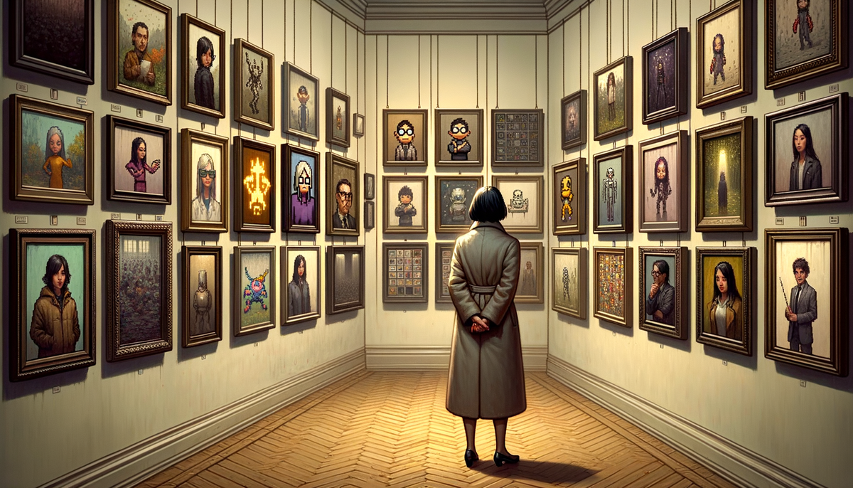 An art critic examining a wall of game capsule art, half hand-crafted and half AI-generated slop