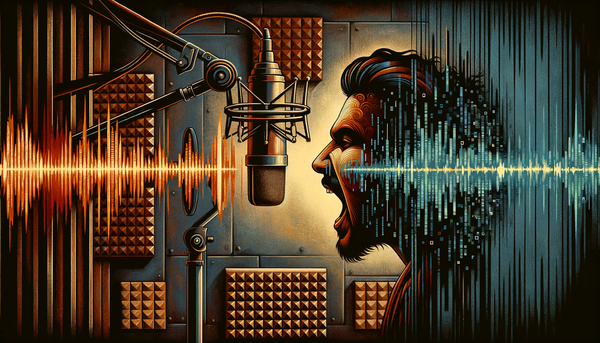 A vintage ribbon microphone in a recording booth, audio waveform splitting into warm analog and glitching digital halves