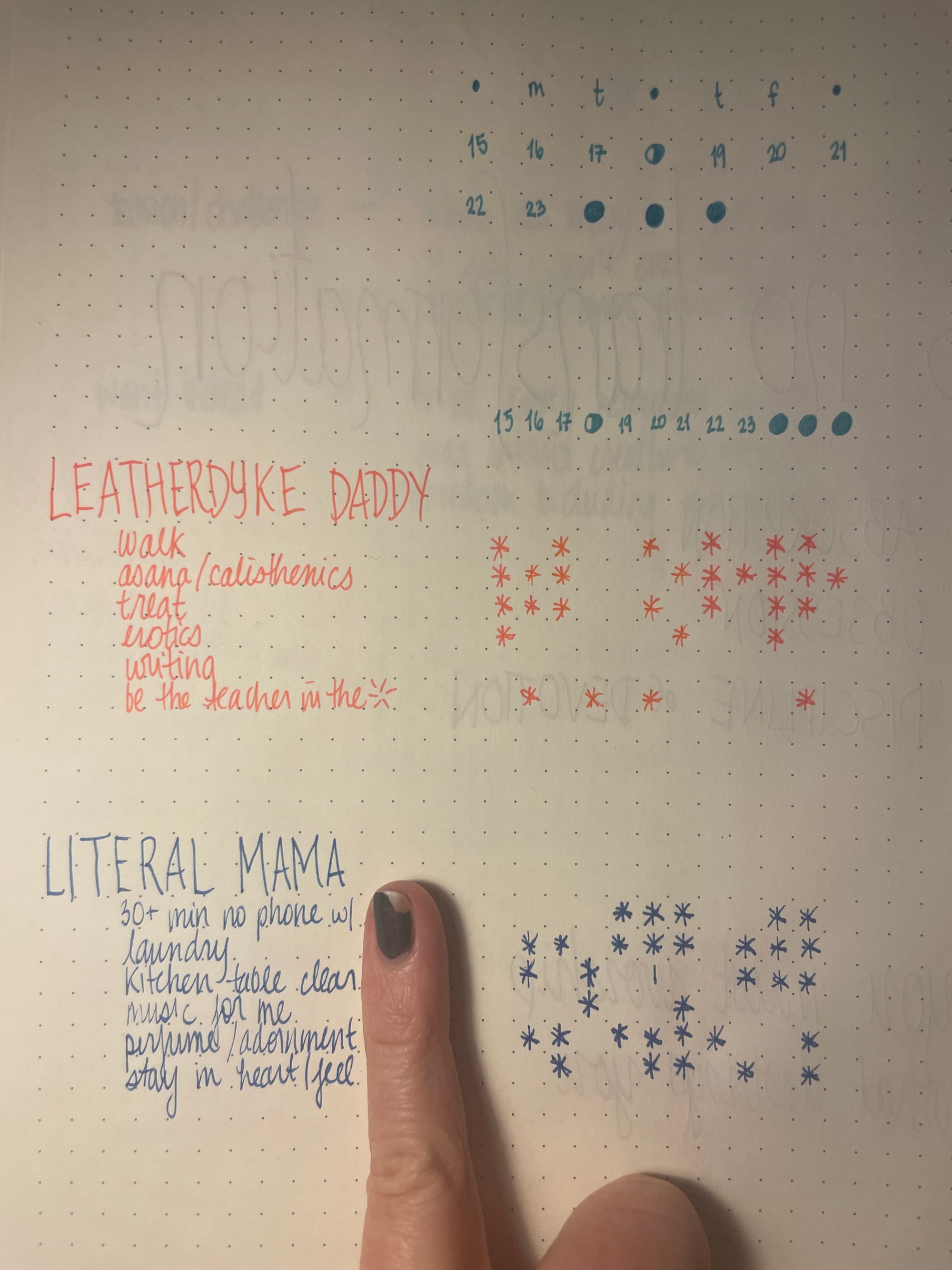 a hand-drawn calendar with dates & moon phases used to map constellations of practices surrounding dual identities of leatherdyke daddy / literal mama. leatherdyke daddy practices: walk, asana/calisthenics, treat, erotics, writing, be the teacher in the *; literal mama practices: 30+ min no phone w/ [name covered by pinky finger with chipped nail polish], laundry, kitchen table clear, music for me, perfume/adornment, stay in heart/feel