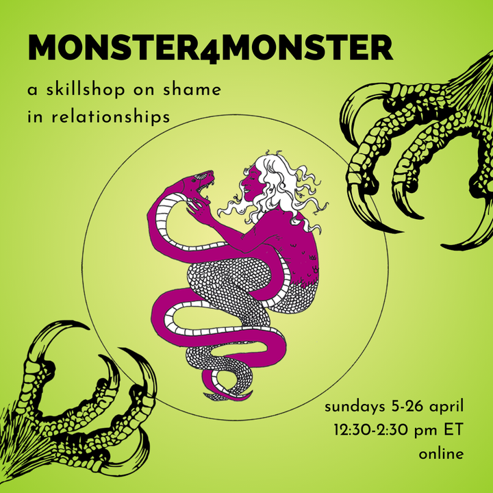 a fuschia snake & mercreature twine around each other & talons reach towards them. text reads: sundays 5-26 april, 12:30-2:30 pm ET, online