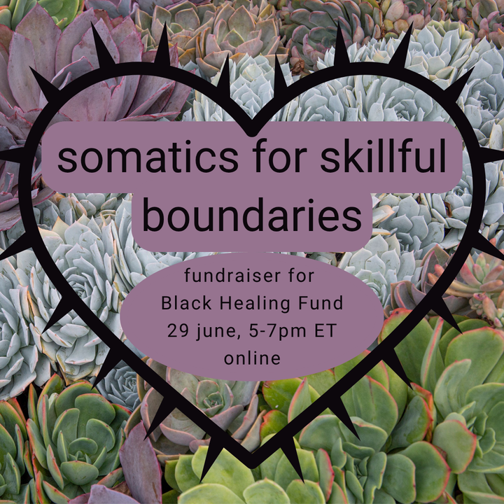 purple & green succulent garden with lettering on top reading SOMATICS FOR SKILLFUL BOUNDARIES, 29 june, 5-7pm ET